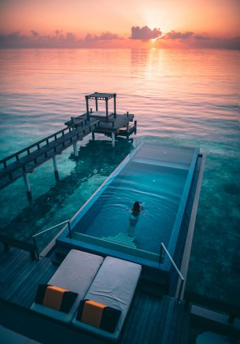 Maldives, sunset, swimming pool Wallpaper 1640x2360