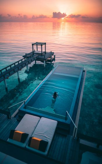 Maldives, sunset, swimming pool Wallpaper 1200x1920