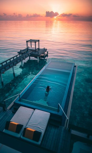 Maldives, sunset, swimming pool Wallpaper 1200x2000
