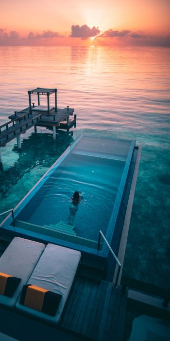 Maldives, sunset, swimming pool Wallpaper 720x1440
