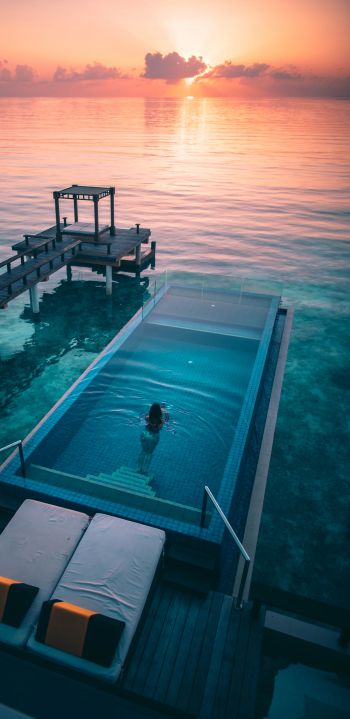 Обои 1440x2960 Мальдивы, закат, бассейн