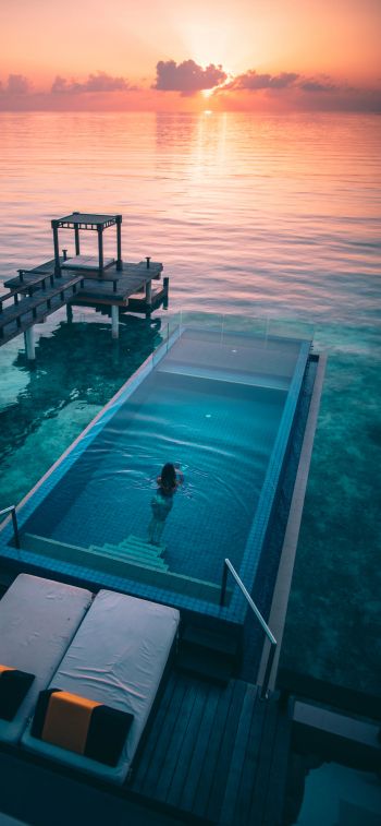Maldives, sunset, swimming pool Wallpaper 1284x2778