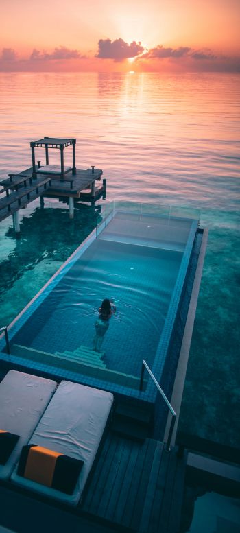 Maldives, sunset, swimming pool Wallpaper 1440x3200