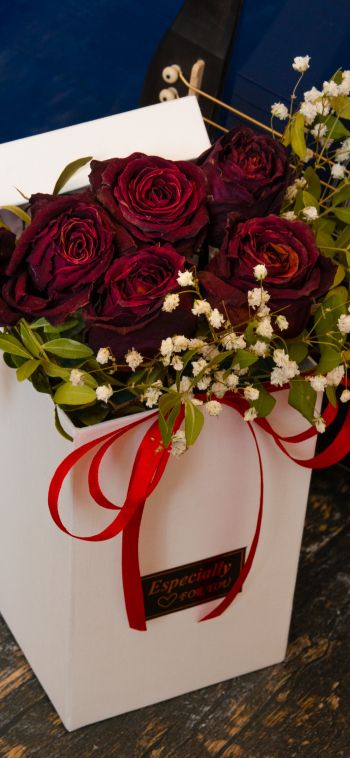 Обои 1080x2340 День святого Валентина, букет роз, подарок