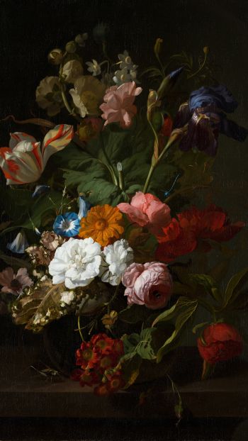 oil painting, flower arrangement, dark Wallpaper 1440x2560