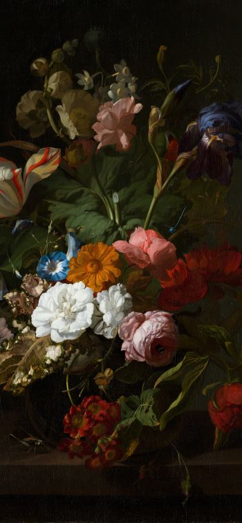 oil painting, flower arrangement, dark Wallpaper 1242x2688