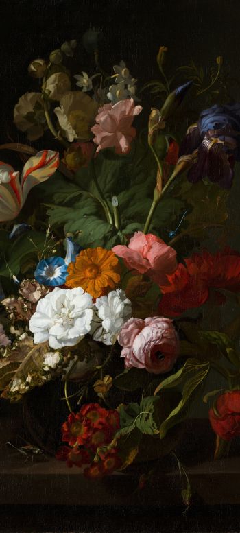 oil painting, flower arrangement, dark Wallpaper 1440x3200