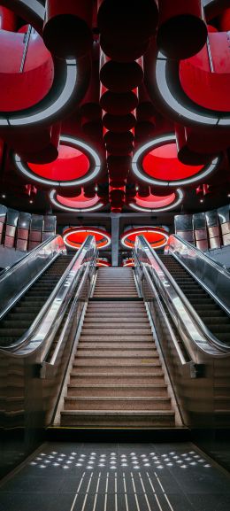 escalator, Brussels, Belgium Wallpaper 1440x3200