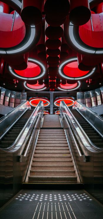 escalator, Brussels, Belgium Wallpaper 1080x2280