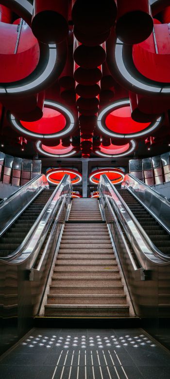 escalator, Brussels, Belgium Wallpaper 1440x3200