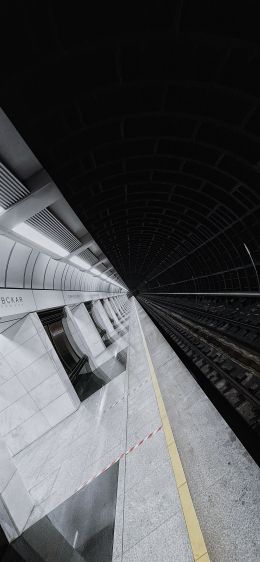 metro station, tunnel, black and white Wallpaper 1125x2436