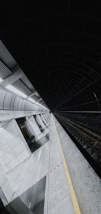 metro station, tunnel, black and white Wallpaper 1080x2280