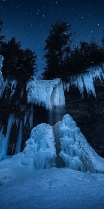 frozen waterfall, night forest, winter Wallpaper 720x1440