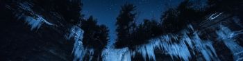 frozen waterfall, night forest, winter Wallpaper 1590x400