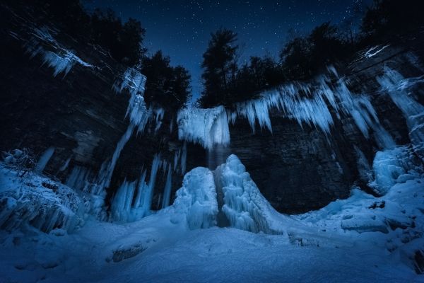 frozen waterfall, night forest, winter Wallpaper 7360x4912