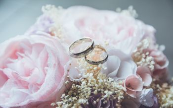 Обои 1920x1200 обручальные кольца, свадьба, цветочная композиция