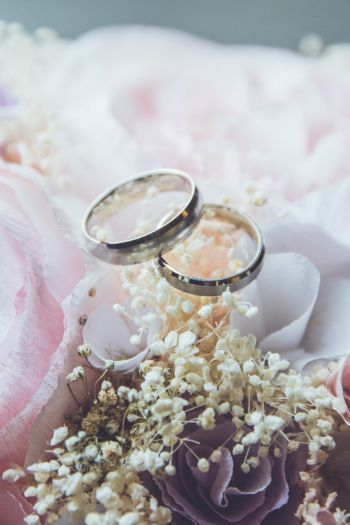 Обои 640x960 обручальные кольца, свадьба, цветочная композиция