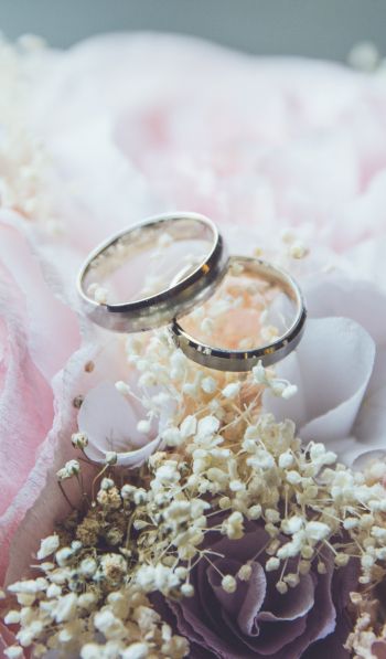 Обои 600x1024 обручальные кольца, свадьба, цветочная композиция