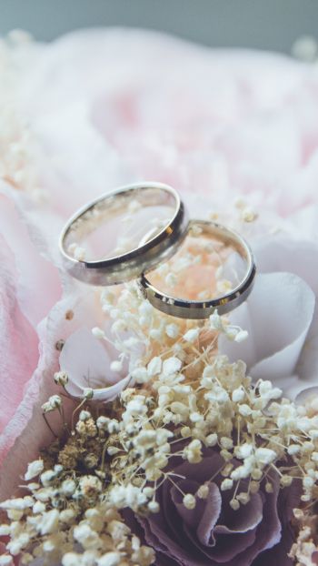 Обои 720x1280 обручальные кольца, свадьба, цветочная композиция