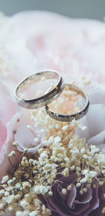wedding rings, wedding, flower arrangement Wallpaper 1440x2960