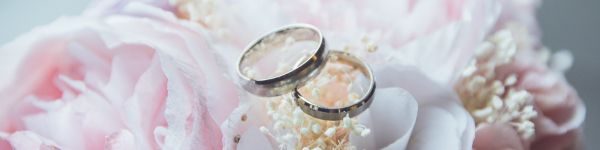 wedding rings, wedding, flower arrangement Wallpaper 1590x400