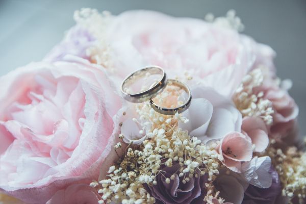 wedding rings, wedding, flower arrangement Wallpaper 6000x4000