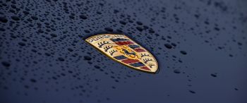 Обои 3440x1440 логотип Porsche, капли, капот