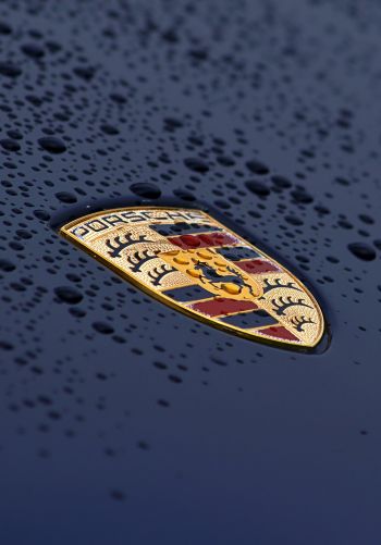 Обои 1668x2388 логотип Porsche, капли, капот