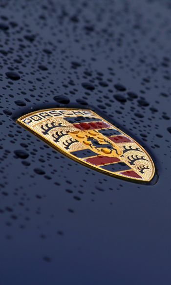Обои 1200x2000 логотип Porsche, капли, капот