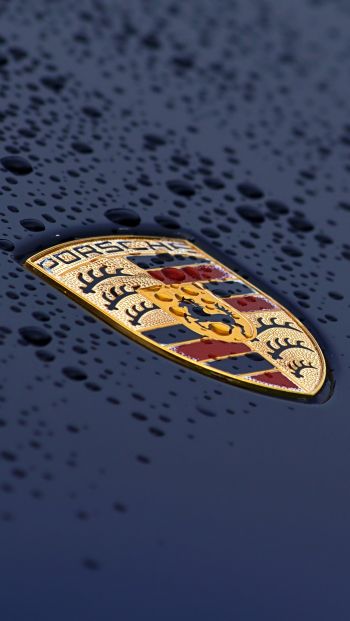 Обои 640x1136 логотип Porsche, капли, капот