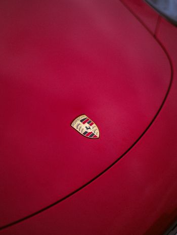 Porsche logo, emblem, hood Wallpaper 1536x2048