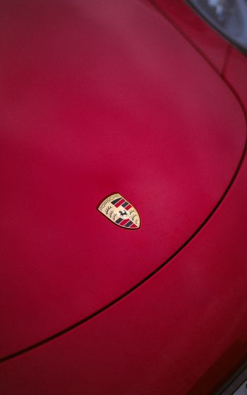 Обои 1200x1920 логотип Porsche, эмблема, капот