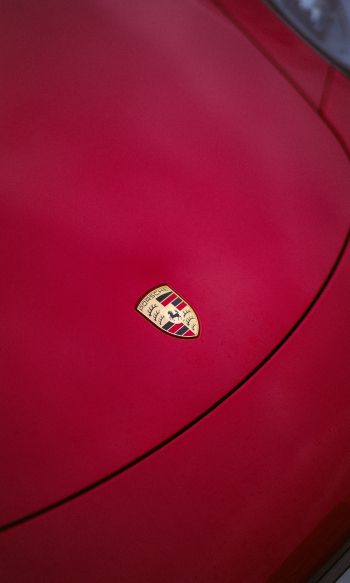 Обои 1200x2000 логотип Porsche, эмблема, капот