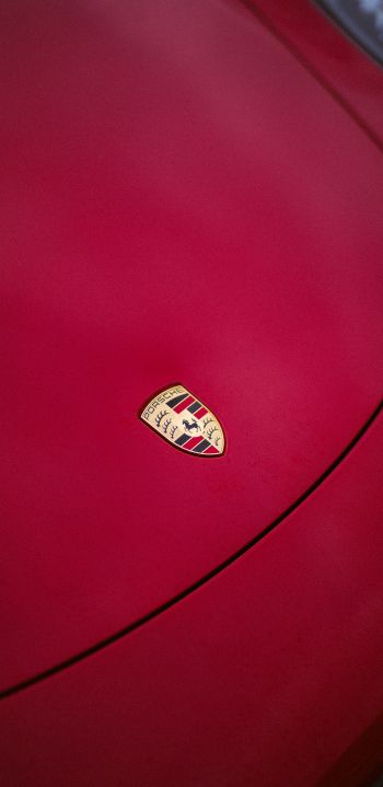 Porsche logo, emblem, hood Wallpaper 1440x2960