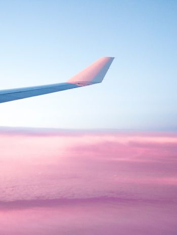 Обои 1620x2160 крыло самолета, розовое небо, полет