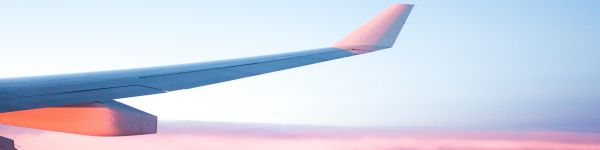 airplane wing, pink sky, flight Wallpaper 1590x400