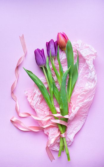 Обои 1200x1920 букет тюльпанов, фиолетовый, цветочная композиция