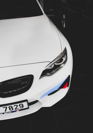 white BMW M2, sports car, black and white Wallpaper 1640x2360