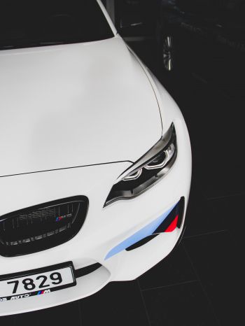 white BMW M2, sports car, black and white Wallpaper 2048x2732