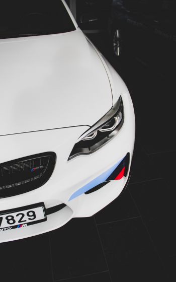 white BMW M2, sports car, black and white Wallpaper 1600x2560