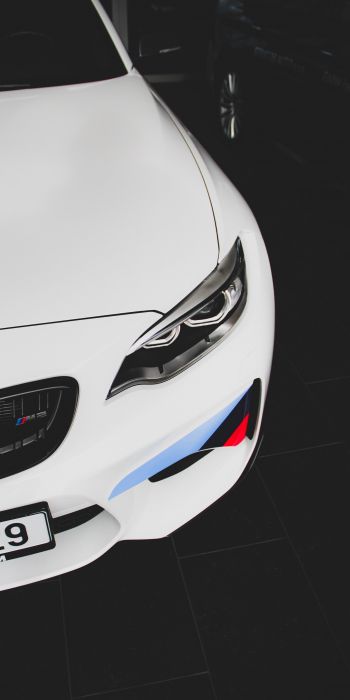 white BMW M2, sports car, black and white Wallpaper 720x1440