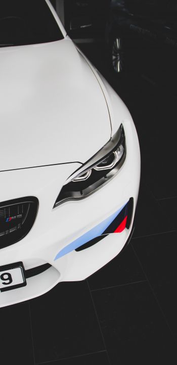 white BMW M2, sports car, black and white Wallpaper 1440x2960