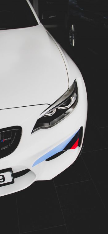 white BMW M2, sports car, black and white Wallpaper 1125x2436
