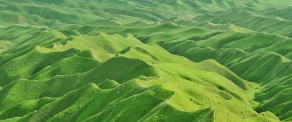 valley, bird's eye view, green Wallpaper 3440x1440