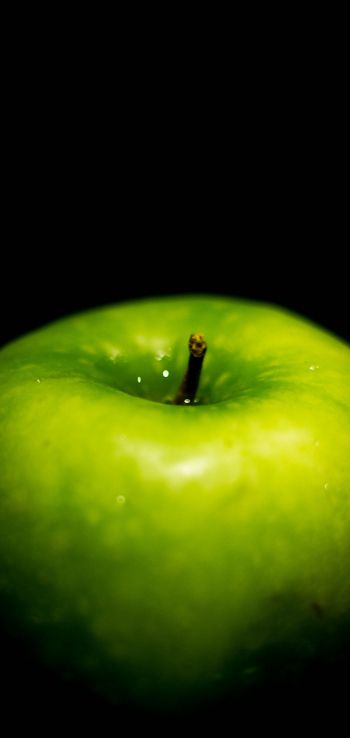 green apple, on black background, macro Wallpaper 1080x2280