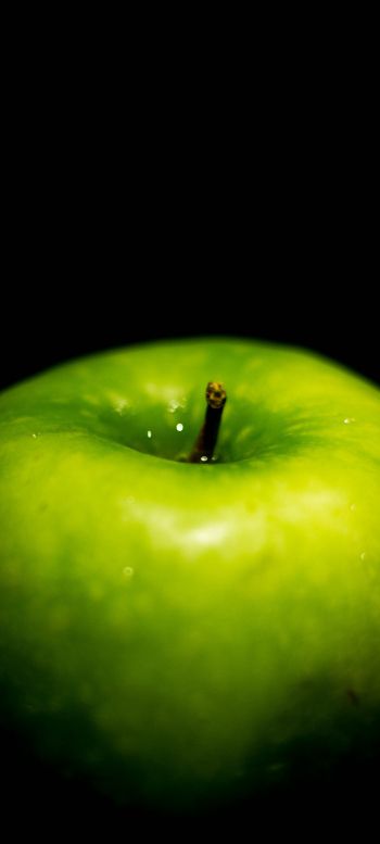 Обои 1440x3200 зеленое яблоко, на черном фоне, макро