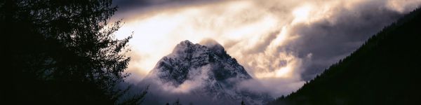 mountain landscape, gloomy, night Wallpaper 1590x400