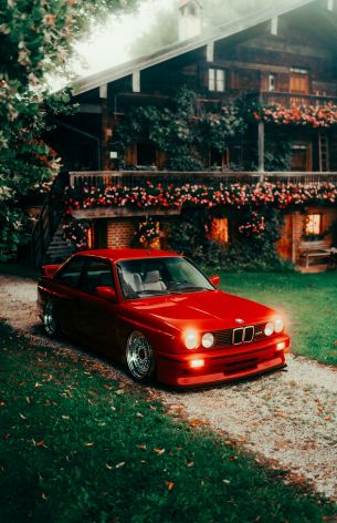 red BMW E30, classic car Wallpaper 5057x7826