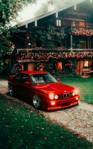 red BMW E30, classic car Wallpaper 1752x2800