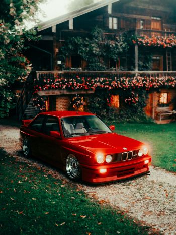red BMW E30, classic car Wallpaper 1668x2224